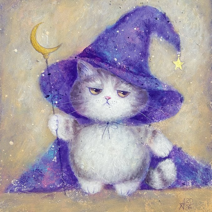 A whimsical watercolor painting of a grumpy gray and white kitten dressed as a wizard in a purple hat and cape, holding a wand topped with a crescent moon.