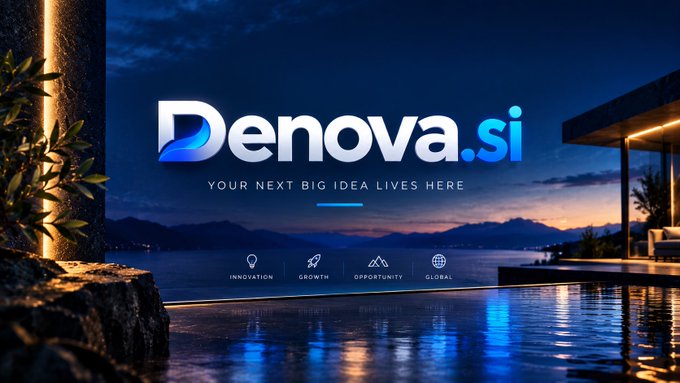 A digital banner displaying "Denova.si" with the tagline "YOUR NEXT BIG IDEA LIVES HERE" and icons labeled "INNOVATION", "GROWTH", "OPPORTUNITY", "GLOBAL" against a sunset background.
