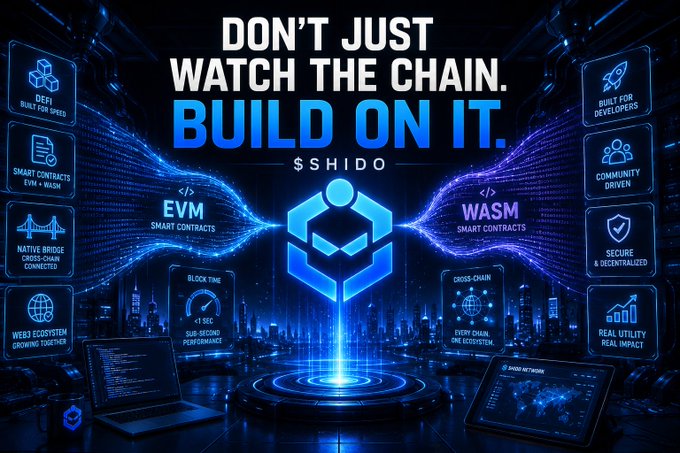 An advertisement with the headline 'DON'T JUST WATCH THE CHAIN. BUILD ON IT.' for 'SSHIDO', highlighting features like EVM and WASM smart contracts, DeFi, and cross-chain connectivity in a blue digital style.