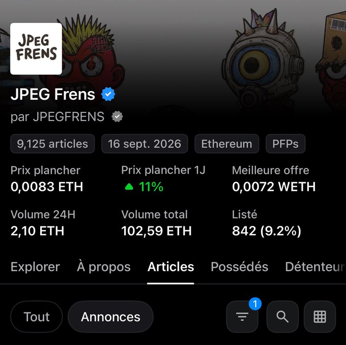 A mobile app screen displays the "JPEG Frens" NFT collection page, showing 9,125 articles, a floor price of 0.0083 ETH, and other stats like 24H volume and best offers.