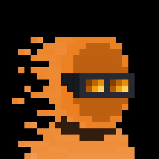 A pixel art character in orange and brown tones wearing rectangular goggles that emit a yellow glow, set against a black background.