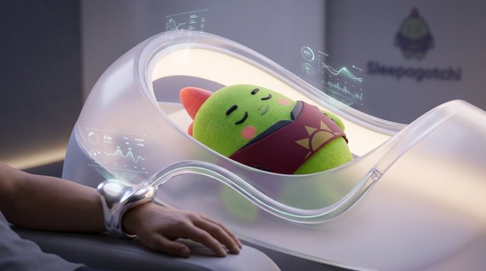A promotional image showing a person's arm connected to a futuristic transparent pod containing a sleeping green plush character wearing a red collar with yellow stars, with holographic data displays and a 'Sleepagotchi' logo visible.
