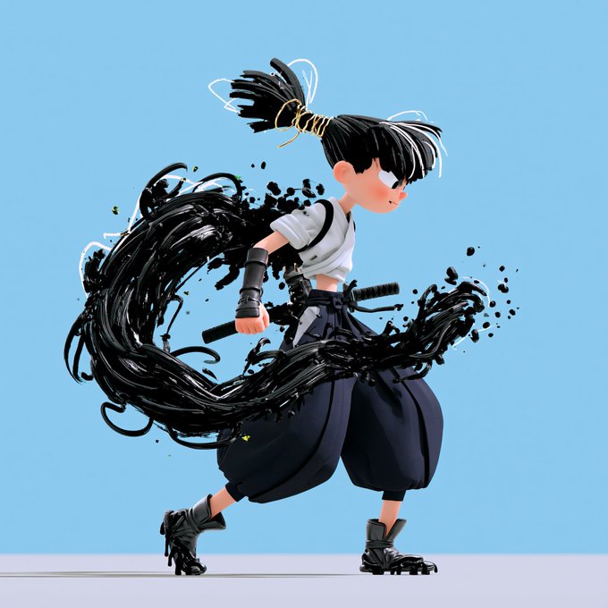 A digital illustration shows a stylized character with a black ponytail and dark flowing energy wielding a sword against a blue background.