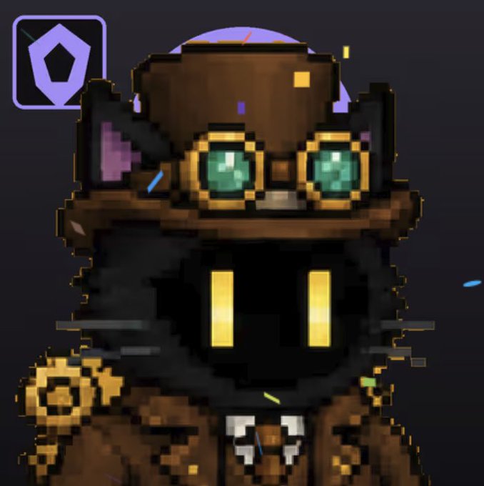 Pixel art portrait of a black cat-like character wearing a brown steampunk hat and vest with brass goggles, accented by a small purple pentagon icon in the corner.