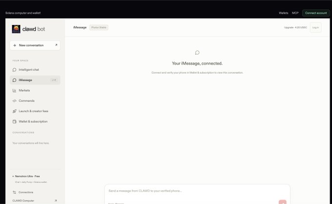 A screenshot of the Claude.ai interface showing the iMessage connector settings for CLAWD Bot, with "Your iMessage, connected." displayed. The image relates to the announcement of a new Solana x402 wallet with browser automation integration, showcasing the interface being used for agentic payment functionality.