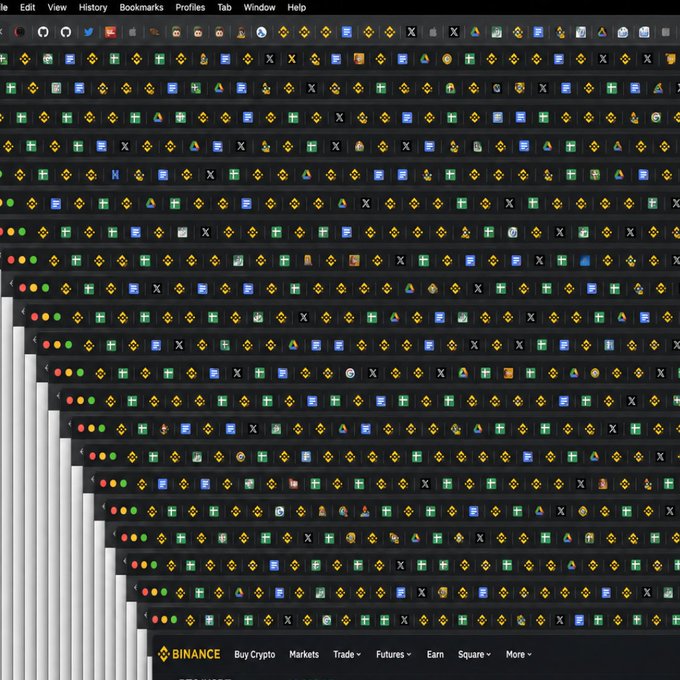 The image shows a computer screen overwhelmed with dozens of stacked browser tabs, most displaying the Binance cryptocurrency exchange (yellow logo) alongside various Google service icons, visually illustrating the "everything is under ctrl" sentiment by suggesting the user has lost control of their browsing session with tabs spiraling out of control across multiple windows.