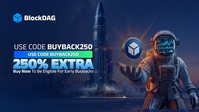 A promotional banner for BlockDAG featuring an astronaut holding the BDAG coin logo alongside a launching rocket, advertising the "BUYBACK250" priority code for 250% extra BDAG and Batch 1 priority access to the buyback system.