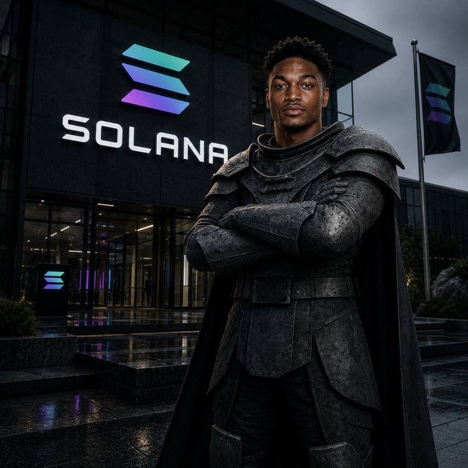 A confident man in dark armor stands with arms crossed in front of a modern building displaying the illuminated "SOLANA" logo, visually representing the post's message of taking a leadership role with the Solana blockchain project.