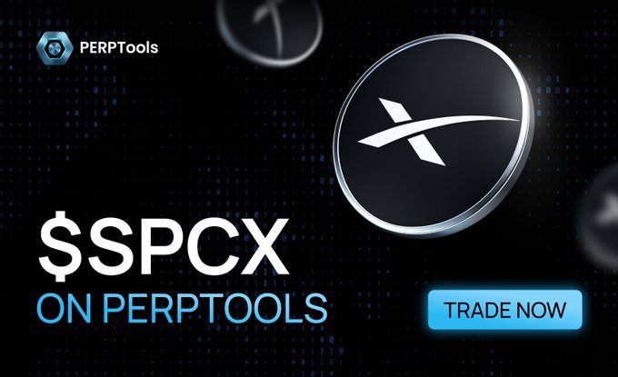 The image features a black background with a white circle containing the word "SpaceX" written inside of it. Below this, there's text that reads "SPCX on PerpTools". The text also includes an advertisement for a cryptocurrency called "PerpTools", which is being used to promote trading in space exploration and related industries.