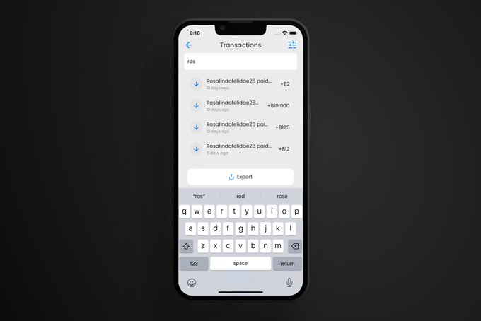 A smartphone screenshot displays a Transactions app interface showing cryptocurrency transactions for 'Rosalindofelidae28' with amounts in B2 and B10 000, featuring an active keyboard.