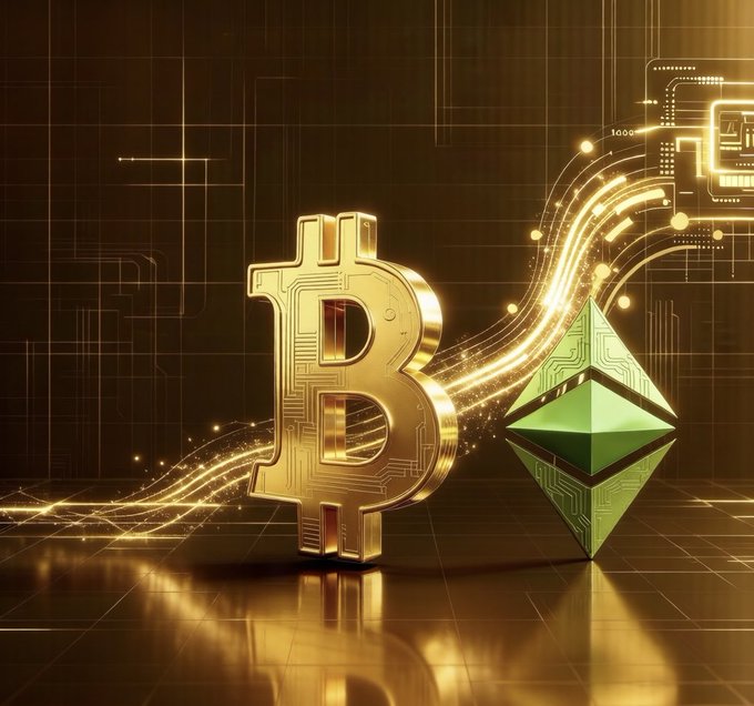 A screenshot of an illustration with Bitcoin and Ethereum symbols positioned at opposite ends, creating a sense of balance and separation between the two entities depicted. The Bitcoin symbol is larger than the Ethereum one, emphasizing its dominance in this context. Both symbols are surrounded by a gradient background transitioning from dark to light shades. In the bottom left corner, there's a caption that reads "U.S. Bitcoin ETFs recorded $6.35B net outflows in 30 days yet BTC’s decline has been much milder". The post is promoting investing in Bitcoin and Ethereum as an investment option in these turbulent times with market fluctuations.