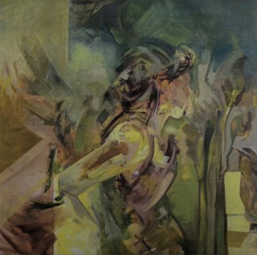 An expressionist or abstract painting featuring a figure rendered with loose, painterly brushstrokes in muted greens, yellows, and purples.