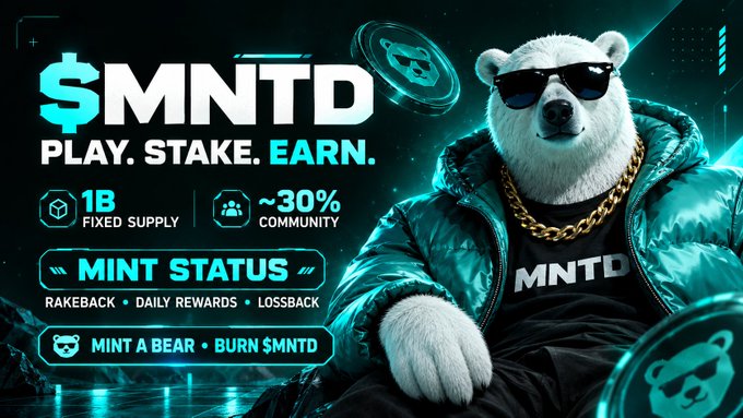 A promotional graphic for the $MNTD cryptocurrency token featuring a bear wearing sunglasses and a teal puffer jacket, advertising a 1B fixed supply, ~30% community allocation, mint status perks, and daily rewards.