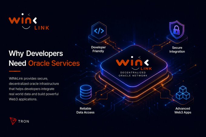 WINkLink promotional graphic titled 'Why Developers Need Oracle Services,' highlighting developer-friendly features, secure integration, reliable data access, and advanced Web3 apps on the TRON network.