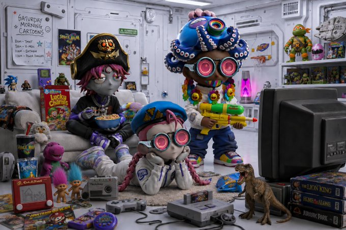 The image features a group of children sitting around, playing with toys and watching television. There are three kids wearing pirate hats and glasses, two kids holding toy guns, and one child holding a toy dinosaur. The room has various toys scattered throughout, including a teddy bear on the left side, a toy dinosaur in the center, and a toy robot on the right side.

The post reads "Good Morning RTFKT & Happy Saturday CloneX", which seems to be related to the children's activities or interests.