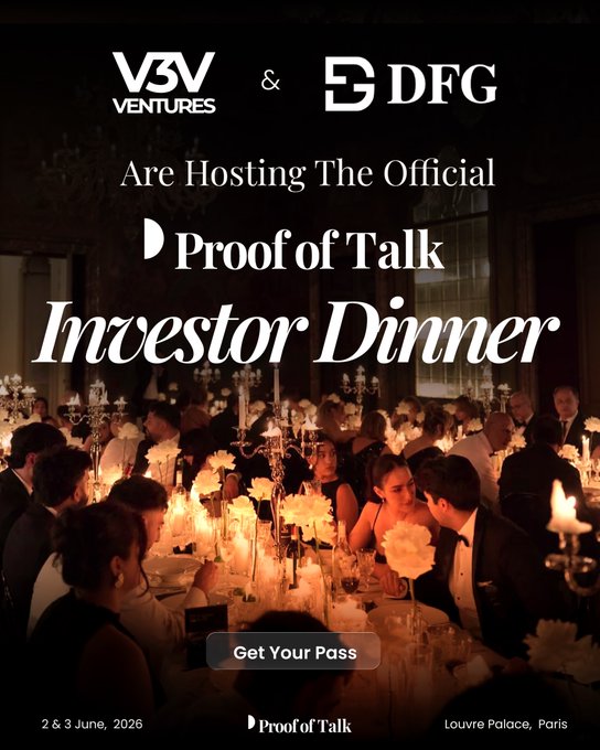 A promotional poster for a dinner event, featuring a black and white background with the text "Are hosting The Official D Proof of Talk Investor Dinner" and "Get Your Pass".