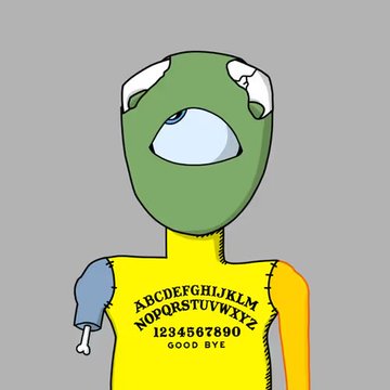 A cartoon illustration of a green alien-like character wearing a yellow shirt with the alphabet, numbers, and the words 'GOOD BYE' printed on it, featuring a bone protruding from its arm.
