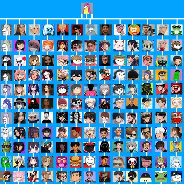 A large grid arrangement of numerous pixel-art character portraits set against a blue background.