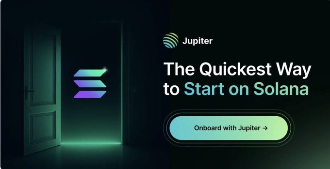 Promotional graphic for 'Jupiter' with the tagline 'The Quickest Way to Start on Solana' and a call-to-action button 'Onboard with Jupiter'.