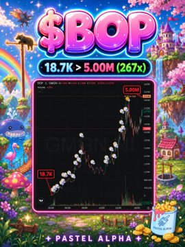 A promotional graphic featuring the text "$BOP" with "18.7K > 5.00M (267x)" and "PASTEL ALPHA" displayed over a colorful cartoon landscape and a candlestick trading chart.