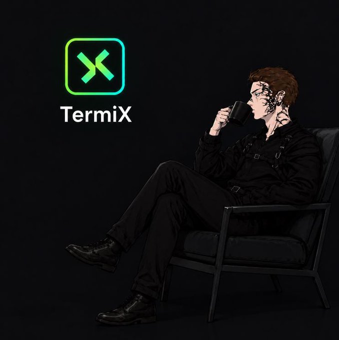 Promotional artwork for 'TermiX' featuring a green-glowing 'X' logo beside an illustrated anime-style character with facial tattoos, sitting in a chair drinking from a black mug while dressed in black.