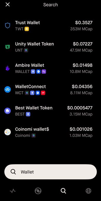 A mobile app screenshot (appears to be from a crypto tracking app) listing wallet tokens: Trust Wallet (TWT) $0.3527 / 353M MCap, Unity Wallet Token (UNT) $0.07227 / 47.5M MCap, Ambire Wallet (WALLET) $0.01498 / 10.8M MCap, WalletConnect (WCT) $0.04356 / 8.11M MCap, Best Wallet Token (BEST) $0.0005477 / 3.15M MCap, and Coinomi wallet$ at 1.03M MCap.