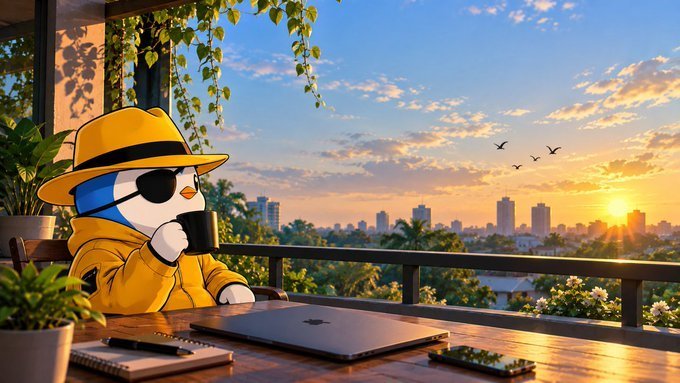 An illustrated scene of a cartoon character in a yellow raincoat and fedora drinking coffee at a balcony overlooking a city sunset.