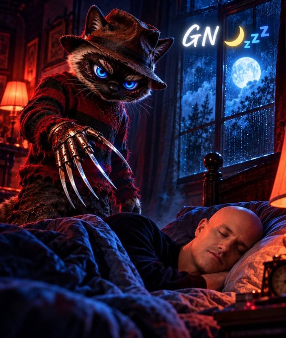 A digitally edited image featuring a character resembling Freddy Krueger with a cat's head, complete with a fedora and bladed glove, looming over a sleeping bald man in a moonlit bedroom, with 'GN' (good night) and 'zzz' text overlays.