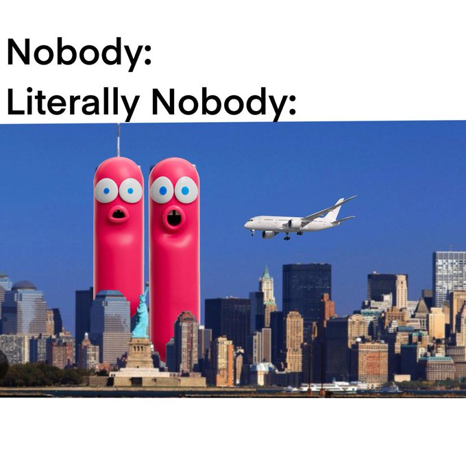 A meme with the text 'Nobody: Literally Nobody:' above an image of two pink cartoon figures with surprised faces standing next to an airplane flying over the New York City skyline.