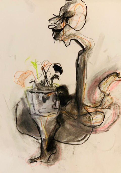 An abstract charcoal and colored pencil sketch featuring fluid, expressive black lines and splashes with accents of orange and green, depicting vaguely figurative or vase-like forms.