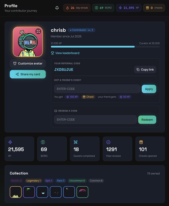 A profile page for user 'chrisb' on a platform shows stats including '21,595 XP', '69 BORG', '18 Quests completed', and a referral code 'JXDSUJUE'.