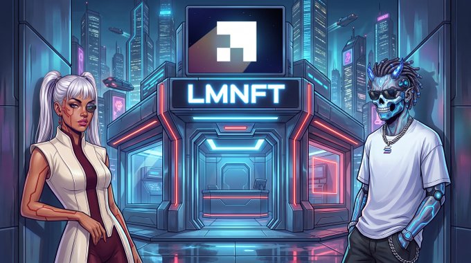 The image shows a futuristic cyberpunk-style scene featuring a white-haired anime-style woman in a white outfit and a blue-skinned demon/cyborg figure in a white t-shirt, flanking a neon-lit storefront displaying "LMNFT" (LaunchMyNFT). The graphic ties into the post by promoting a giveaway of 2x Prophets NFTs through LaunchMyNFT's minting platform, with only 22 NFTs remaining until sold out.