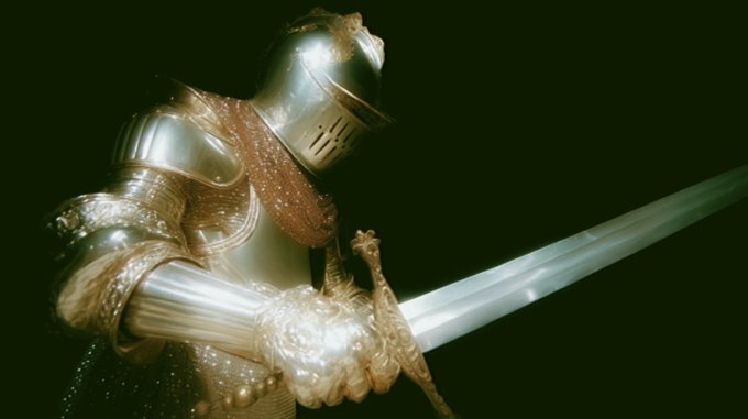 A knight clad in ornate silver and gold armor stands in profile against a dark background, gripping a gleaming sword that catches the light.