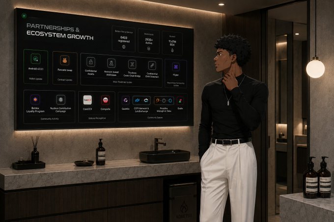 A man in a black shirt and white pants standing in a modern bathroom, looking at a wall-mounted digital screen displaying a dashboard titled 'PARTNERSHIPS & ECOSYSTEM GROWTH' with various icons and metrics.