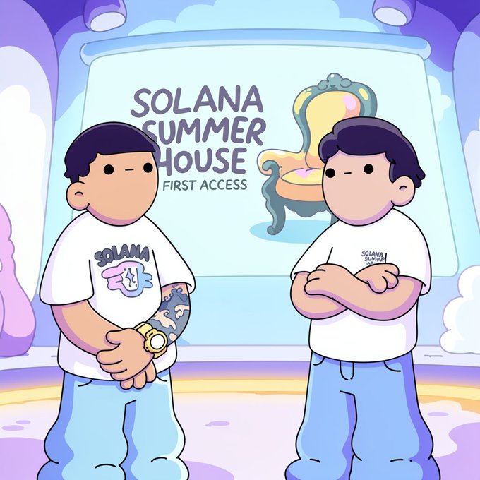 A cartoon illustration of two boys in white Solana Summer House t-shirts, with a sign reading 'SOLANA SUMMER HOUSE FIRST ACCESS' displayed behind them.