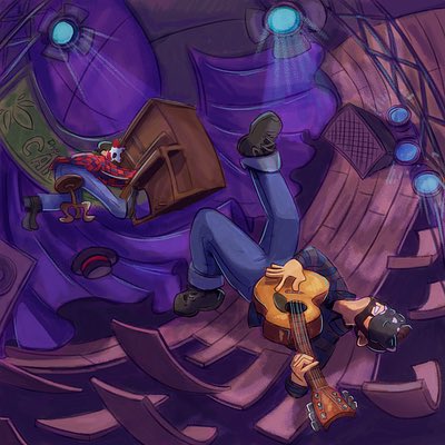 A colorful, surreal illustration showing a person with a guitar seemingly falling or floating upside down in a purple, abstract mechanical environment.