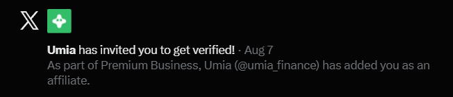 A Twitter/X notification from Umia (@umia_finance) inviting a user to get verified as part of their Premium Business affiliate program.