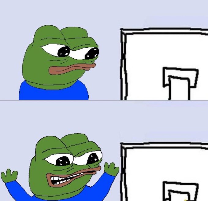 A two-panel meme featuring the Pepe the Frog character; in the top panel he stands neutrally next to a door, and in the bottom panel he appears excited or shocked with hands raised.