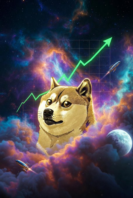 A Doge (Shiba Inu) floats amid vibrant cosmic clouds and a rising green chart arrow, with rockets and a moon in the background, capturing the "to the moon" sentiment behind the $DOGE post.