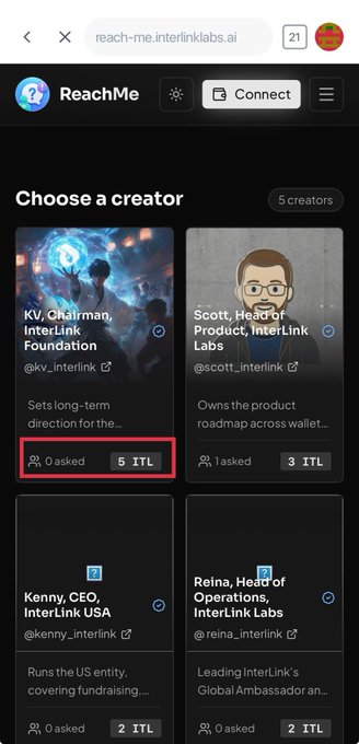 A screenshot of the ReachMe DApp interface showing four InterLink team members (KV, Scott, Kenny, and Reina) available to message, with a highlighted "0 asked 5 ITL" indicator (requiring 5 ITL tokens to ask KV a question) demonstrating the platform's pay-to-connect model referenced in the post.