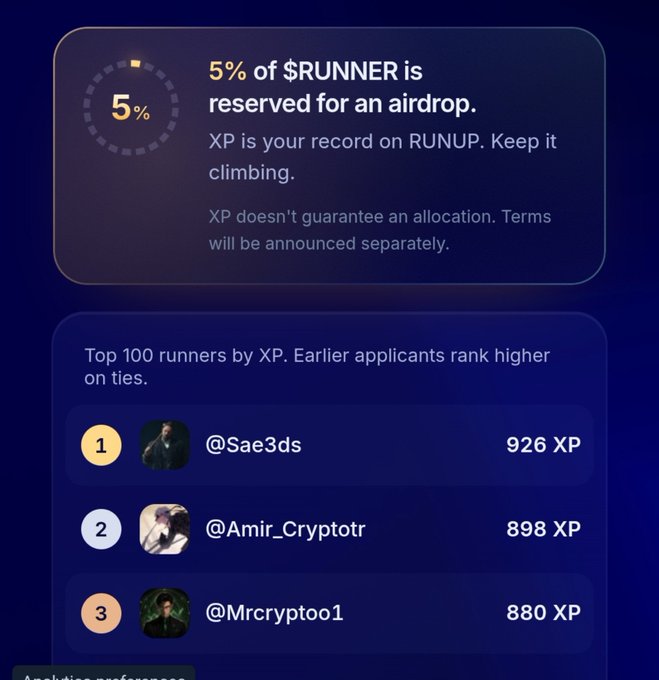 A dark-themed app screen announcing that '5% of $RUNNER is reserved for an airdrop,' listing the top XP earners including @Sae3ds (926 XP), @Amir_Cryptotr (898 XP), and @Mrcrypto1 (880 XP).