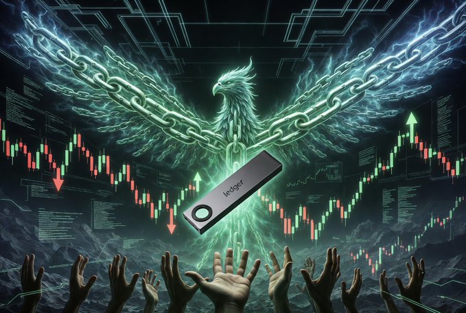 Digital artwork featuring a glowing green phoenix with spread wings, breaking free from chains, with a Ledger hardware wallet floating in the center above reaching hands and trading candlestick charts.