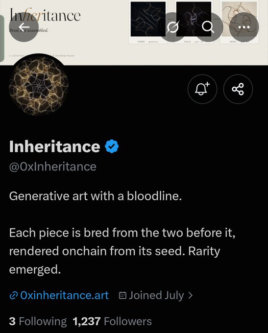 A social media profile for 'Inheritance' (@0xInheritance) describes itself as 'Generative art with a bloodline' and explains that each piece is bred from the previous two, with 1,237 followers.
