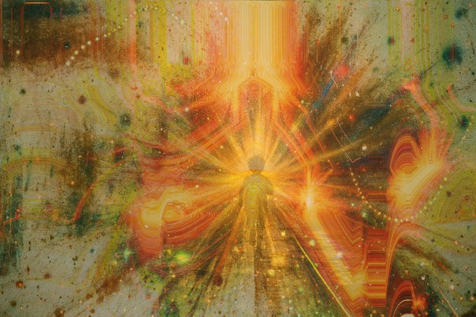 This vibrant, abstract piece titled "Mentograph #57" by @photonisdead radiates with an explosion of fiery orange, yellow, and green hues, featuring a luminous central figure that appears to emerge from an intense burst of light. The swirling, cosmic-like textures and radiant beams evoke a sense of spiritual or psychedelic energy, characteristic of generative or mixed-media digital art on OpenSea.