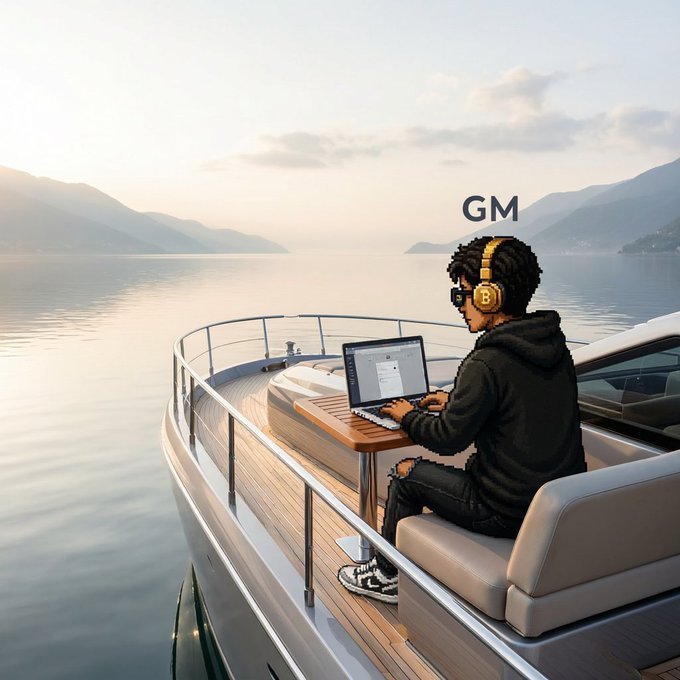 A person wearing gold headphones and a black hoodie working on a laptop on the deck of a luxury yacht floating on calm waters with mountains in the background, with the text 'GM' floating above.
