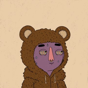 A digital illustration depicts a purple-skinned character wearing a brown bear hoodie, with sweat drops on their face and wide, intense eyes showing yellow teeth. The artwork appears to be an NFT reveal, consistent with the creator's showcase of their Unusual NFTs collection.