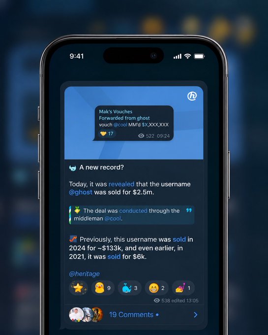 A smartphone screen displaying a Telegram post forwarded from 'ghost' (@cool) titled 'A new record?', reporting that the username @ghost was sold for $2.5m through a middleman @cool.