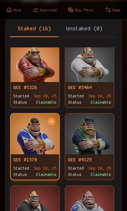 A mobile app interface displays 16 staked Geez NFT characters (#5326, #3464, #1578, #4129, etc.) all marked as "Claimable" since Sep 18, 25, with the selected tab "Staked (16)" confirming the full count of 16 NFTs awaiting the upcoming airdrop mentioned in the post.