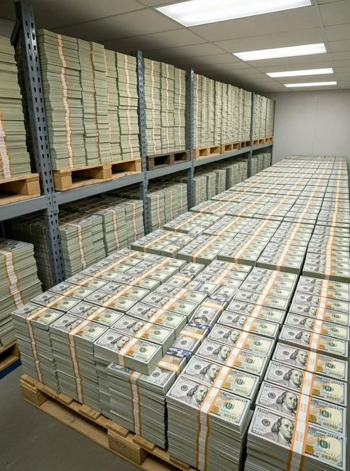 A vault room contains metal shelving units packed with pallets of strapped stacks of US $100 bills.