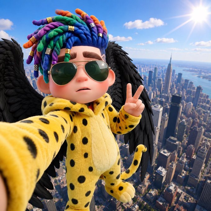 A 3D-rendered cartoon-style character with colorful dreadlocks, sunglasses, black wings, and a yellow leopard-print onesie, taking a selfie while floating above a city skyline with a peace sign.